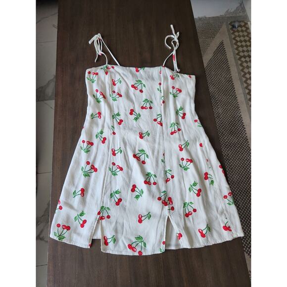 Privacy Please Revolve Grover Mini Dress Tie Shoulders White With Cherries L - Picture 2 of 7